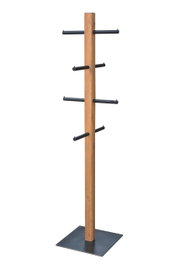 Moderne houten kledingstandaard met meerdere zwarte haken, zijaanzicht.