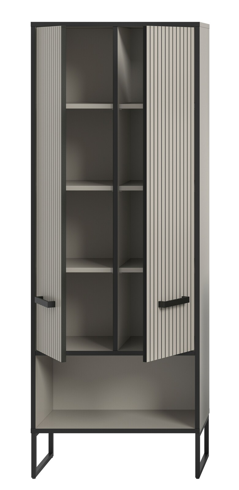 Moderner Hochschrank mit offenen Türen, graue Lamellenfronten und schwarze Rahmen, Frontalansicht