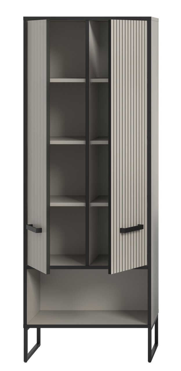 Moderner Hochschrank mit offenen Türen, graue Lamellenfronten und schwarze Rahmen, Frontalansicht