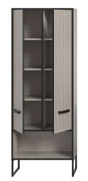 Moderner Hochschrank mit offenen Türen, graue Lamellenfronten und schwarze Rahmen, Frontalansicht