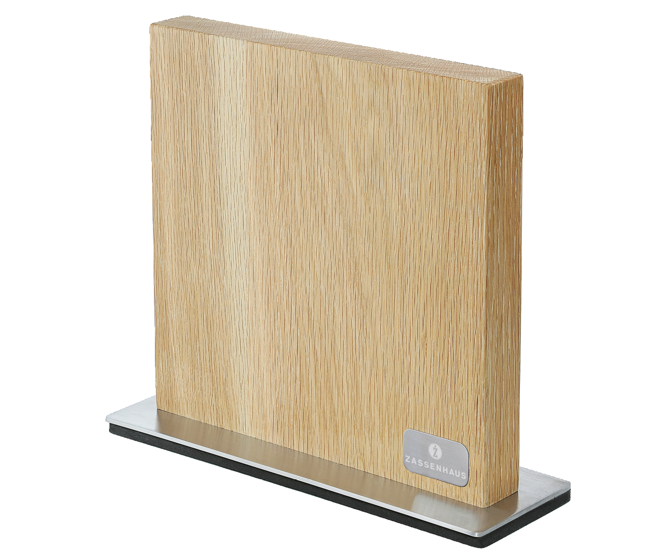 Magnet-Messerblock aus Eiche in seitlicher Perspektive, auf einem Metallfuß stehend.