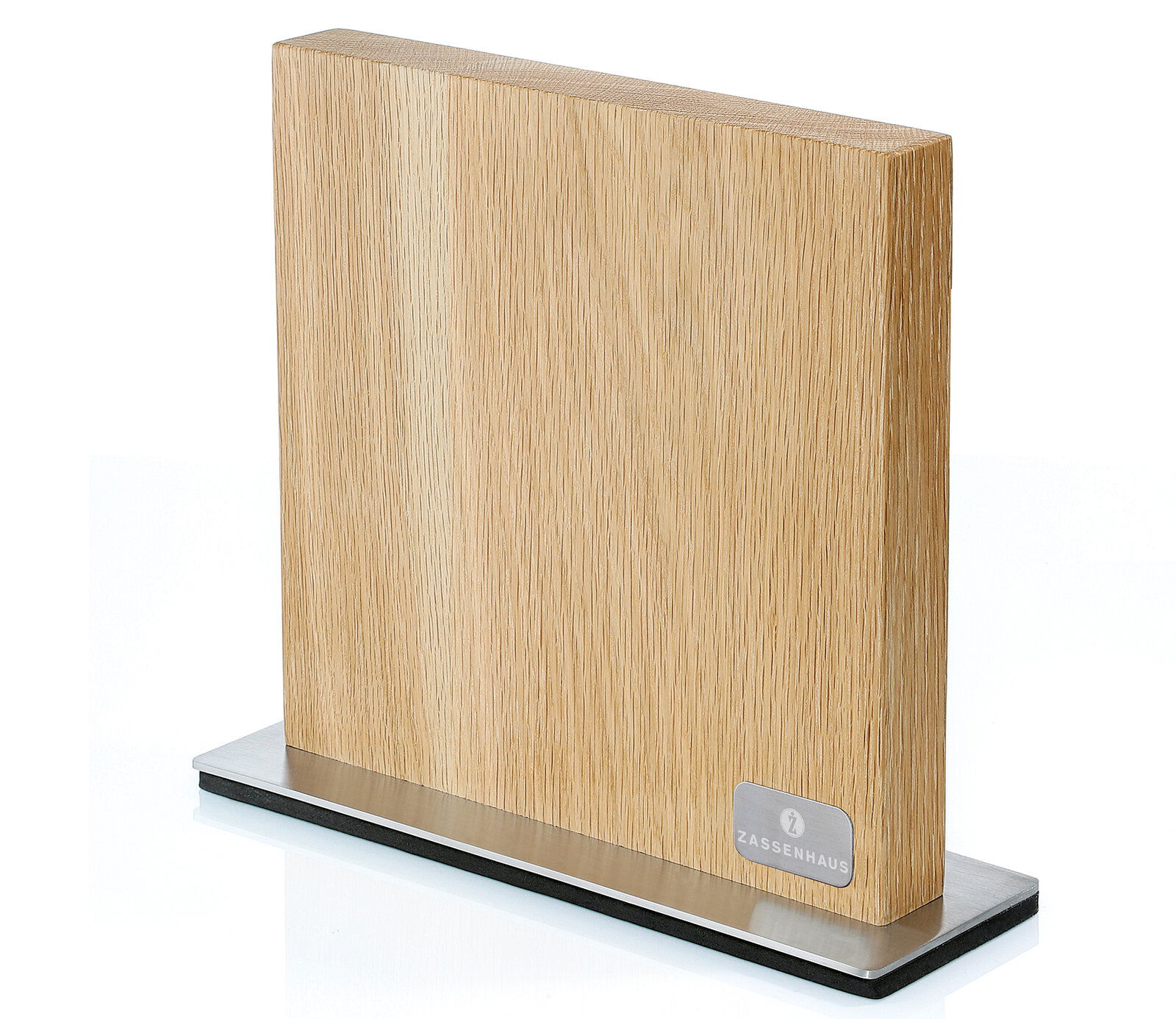 Zassenhaus Magnet-Messerblock Eiche Magnet-Messerblock aus Eiche in seitlicher Perspektive, auf einem Metallfuß stehend.
