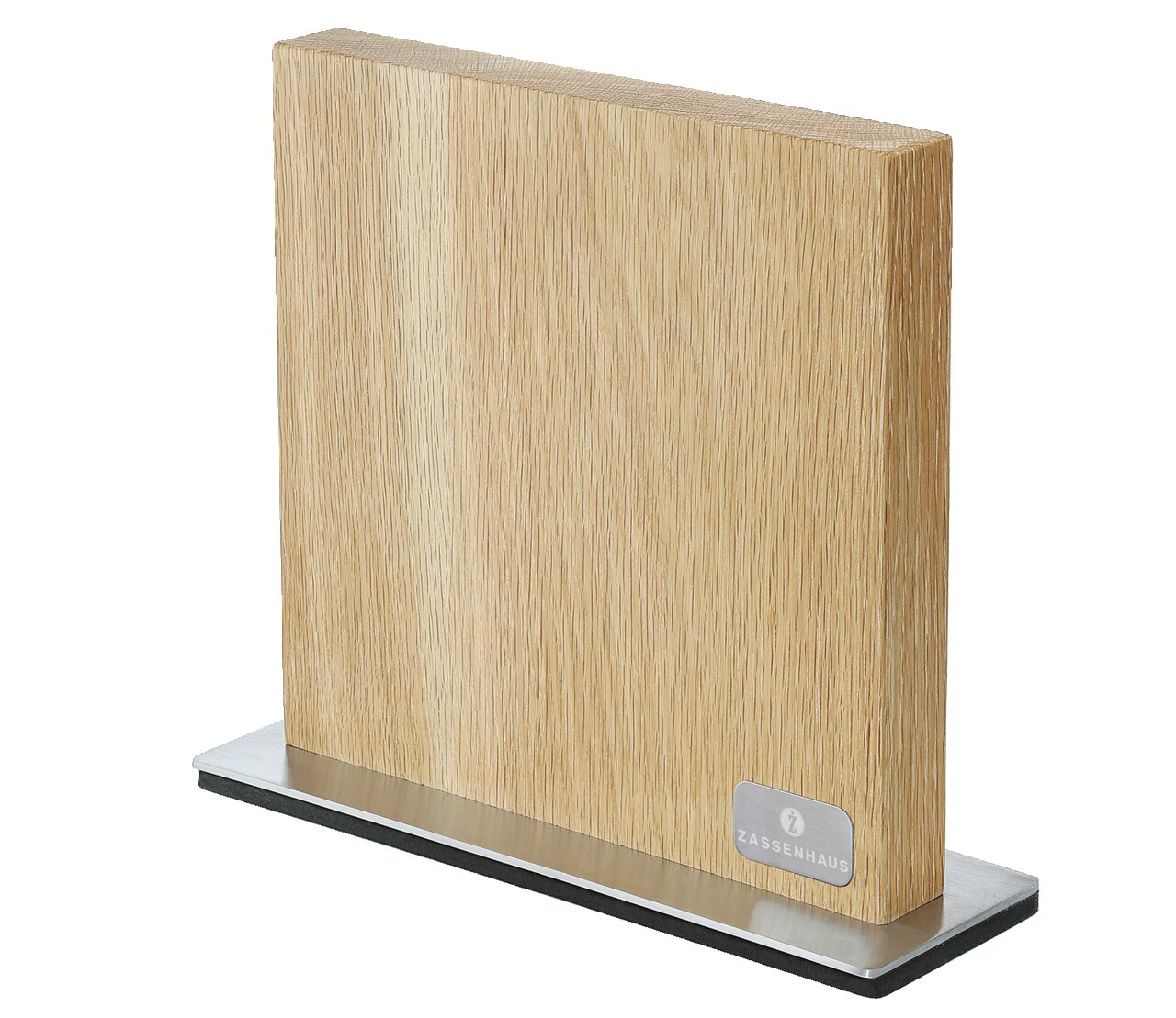 Zassenhaus Magnet-Messerblock Eiche Magnet-Messerblock aus Eiche in seitlicher Perspektive, auf einem Metallfuß stehend.