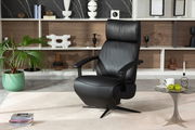 Schwarzer Relaxsessel aus Leder in einem modernen Wohnzimmer, frontal fotografiert. Im Hintergrund ein Regal mit Dekorationen und eine grüne Pflanze.