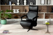 Zwarte leren relaxfauteuil in een moderne woonkamer, van voren gefotografeerd. Op de achtergrond een plank met decoraties en een groene plant.