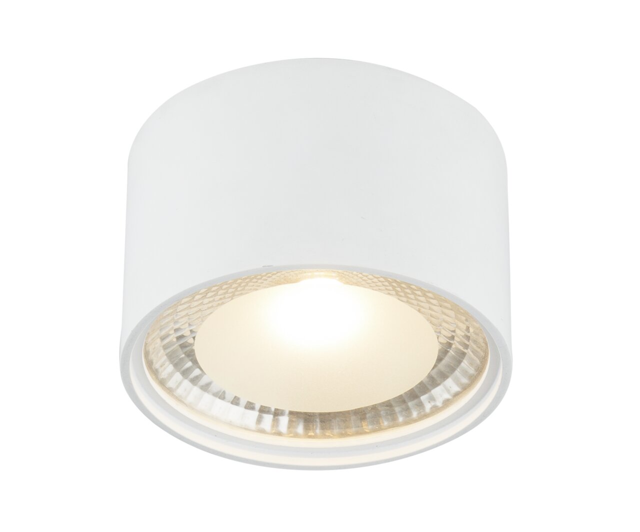 Weiße zylindrische Deckenleuchte aus Metall, von unten betrachtet, mit eingeschaltetem Licht.