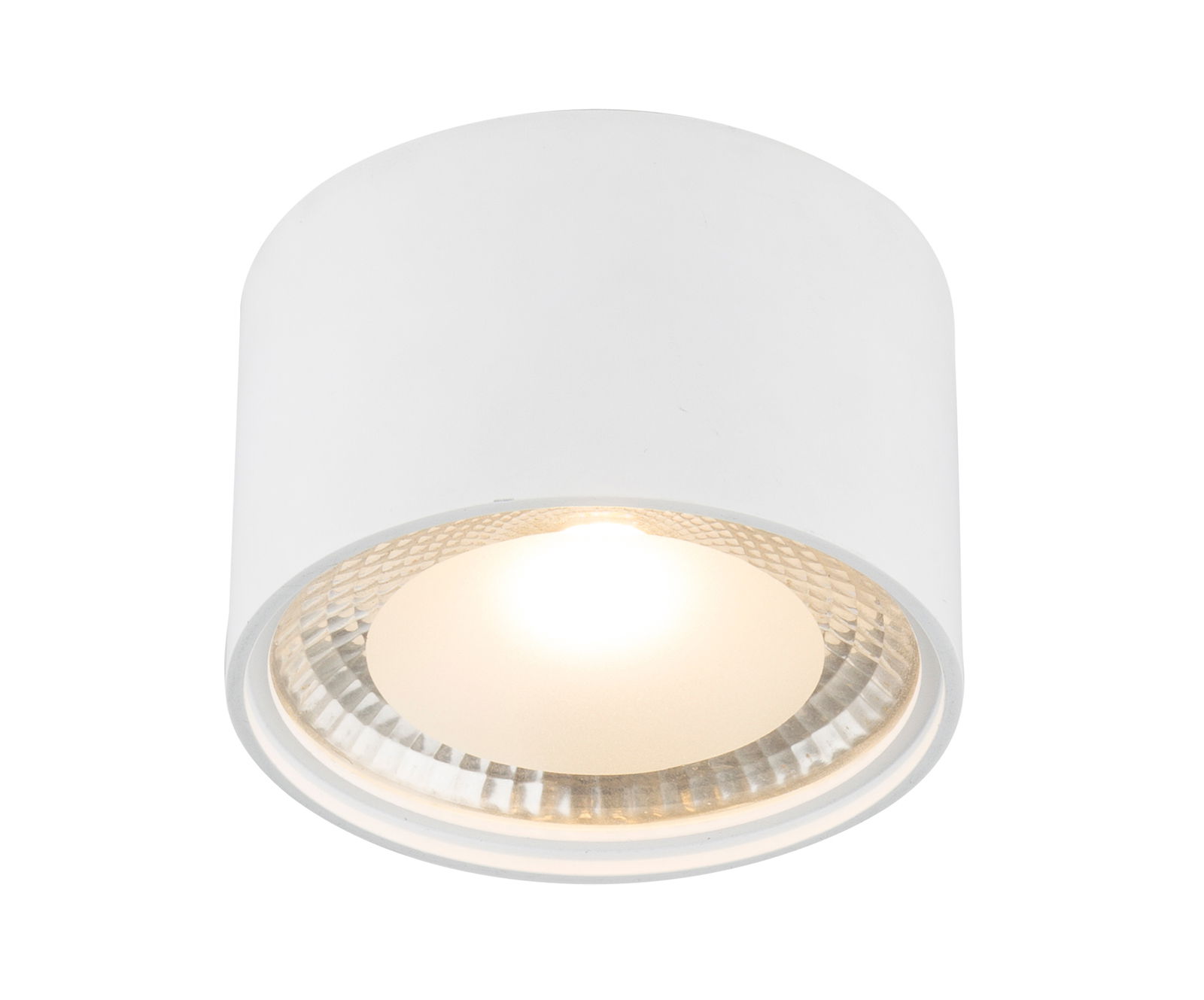 Weiße zylindrische Deckenleuchte aus Metall, von unten betrachtet, mit eingeschaltetem Licht.