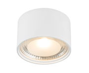 Weiße zylindrische Deckenleuchte aus Metall, von unten betrachtet, mit eingeschaltetem Licht.