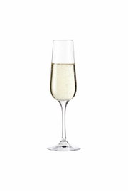 Tivoli-champagneglas gevuld met champagne, van voren gefotografeerd