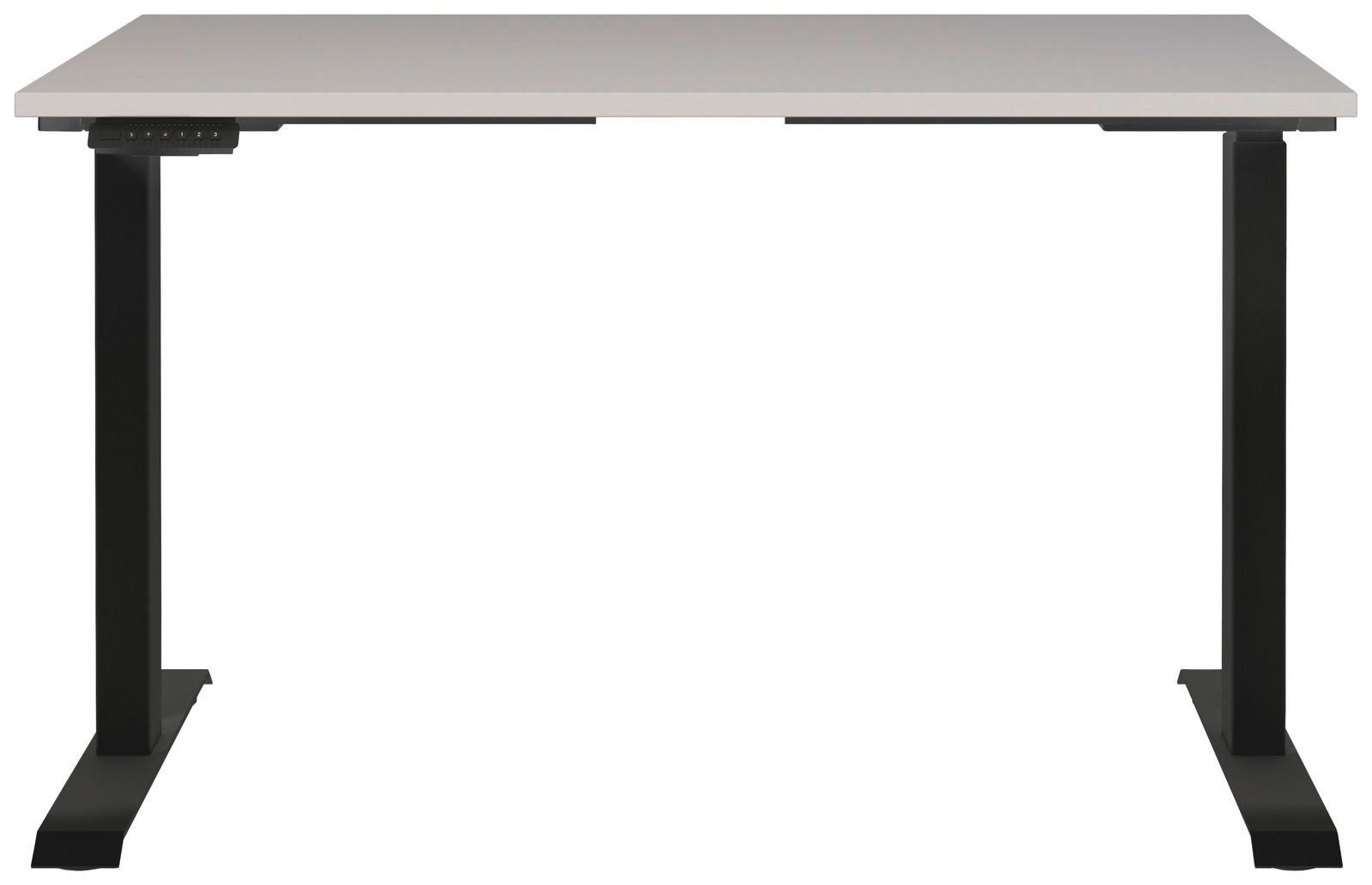 Elektrisch höhenverstellbarer Schreibtisch in der Frontalansicht mit schwarzem Gestell und weißer Tischplatte.