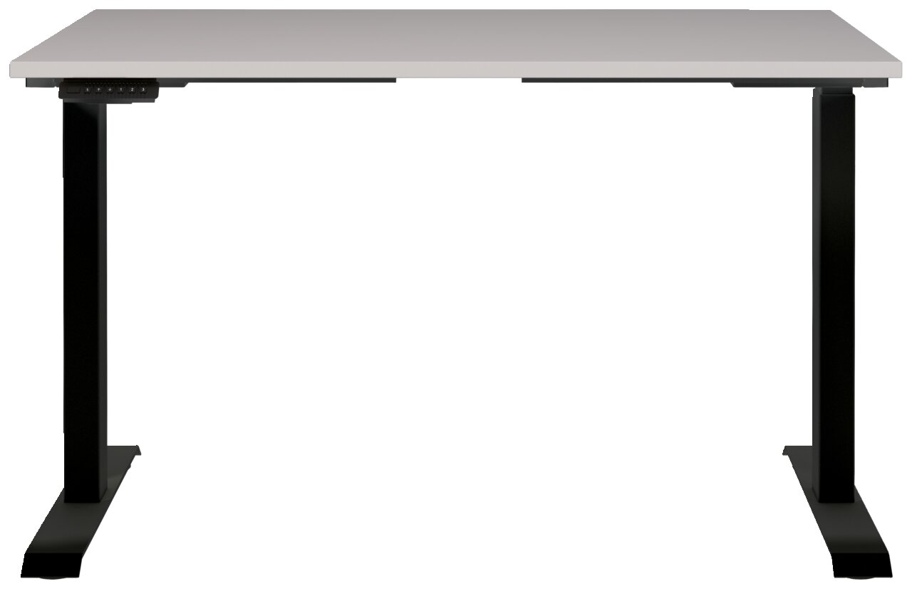 Elektrisch höhenverstellbarer Schreibtisch in der Frontalansicht mit schwarzem Gestell und weißer Tischplatte.