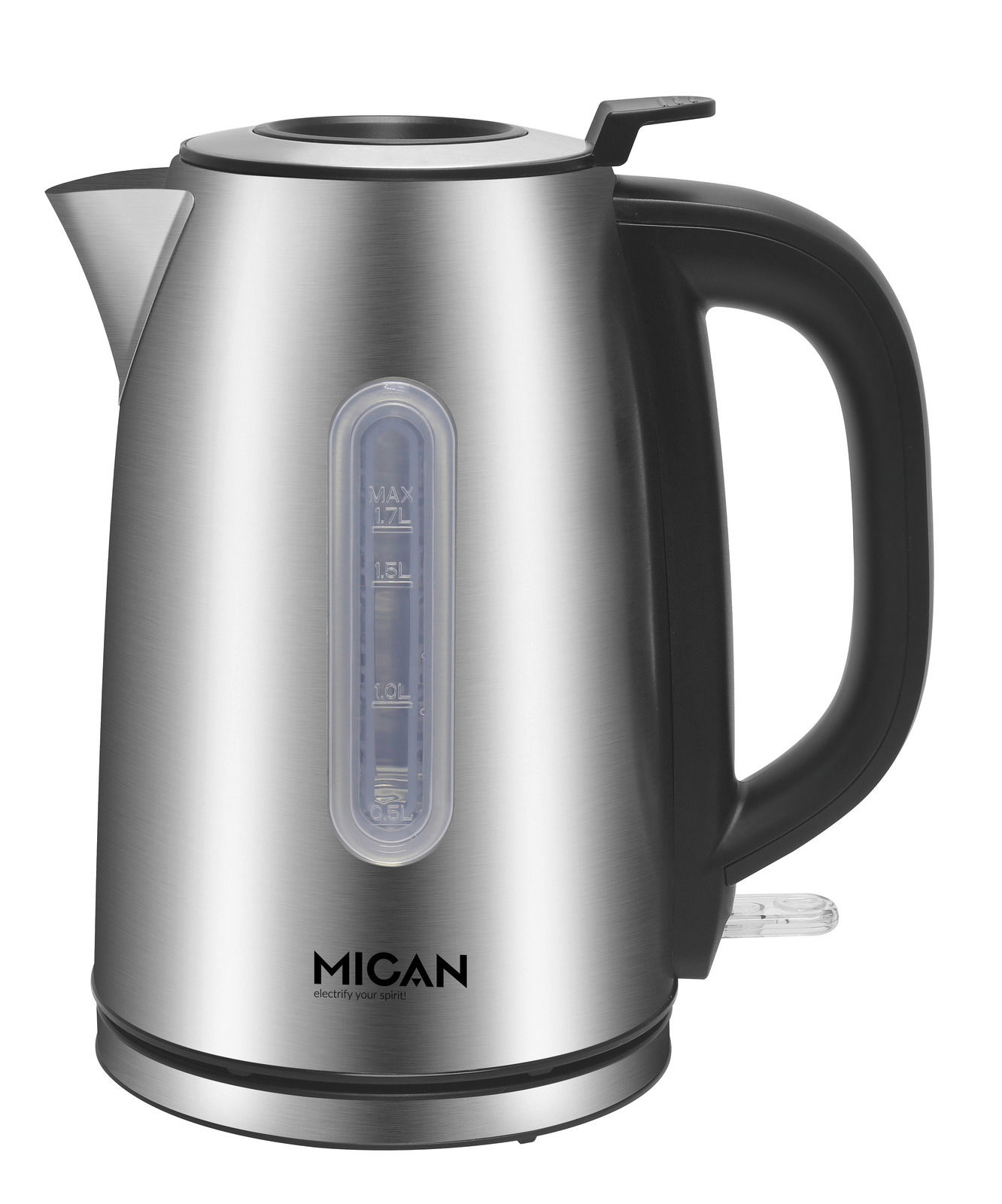 Edelstahl-Wasserkocher mit 1,7 Liter Fassungsvermögen, seitliche Ansicht