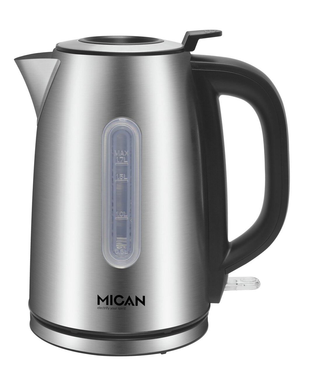 Edelstahl-Wasserkocher mit 1,7 Liter Fassungsvermögen, seitliche Ansicht