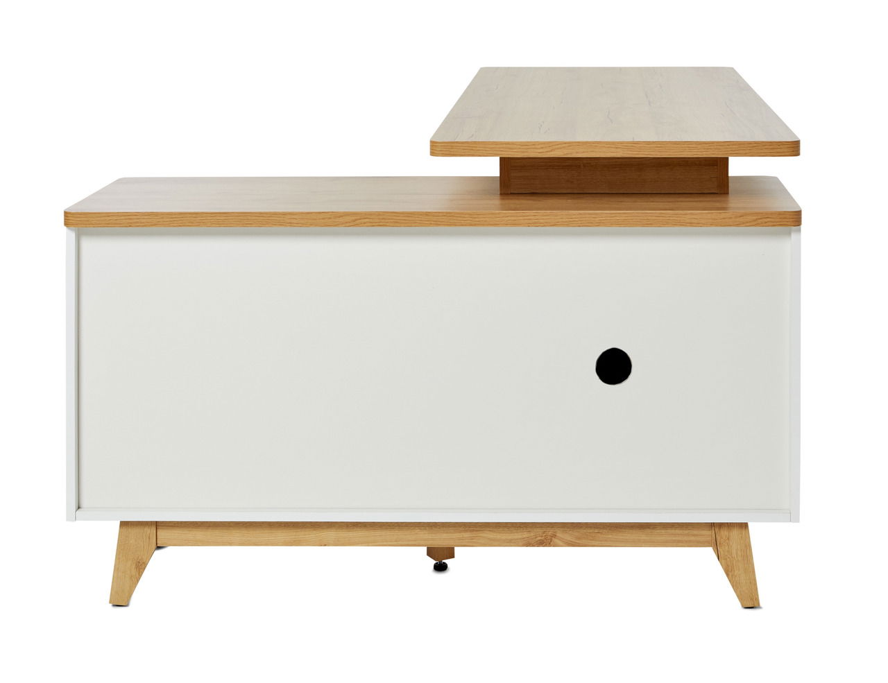 Moderner Eck-Schreibtisch in Holzoptik mit weißem Korpus, seitliche Perspektive