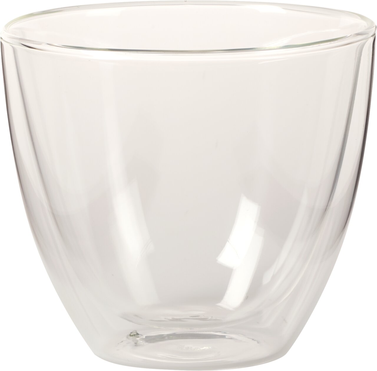 Transparenter doppelwandiger Becher aus Glas, seitliche Perspektive