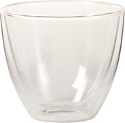 Transparenter doppelwandiger Becher aus Glas, seitliche Perspektive