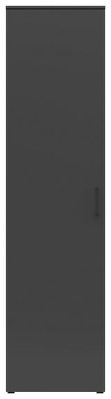 Frontansicht eines schwarzen Mehrzweckschranks mit einfacher Tür und Griff.