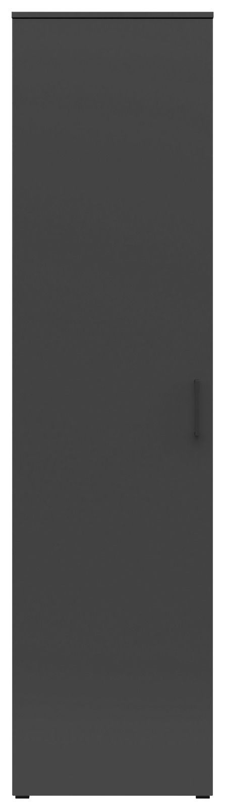 Frontansicht eines schwarzen Mehrzweckschranks mit einfacher Tür und Griff.