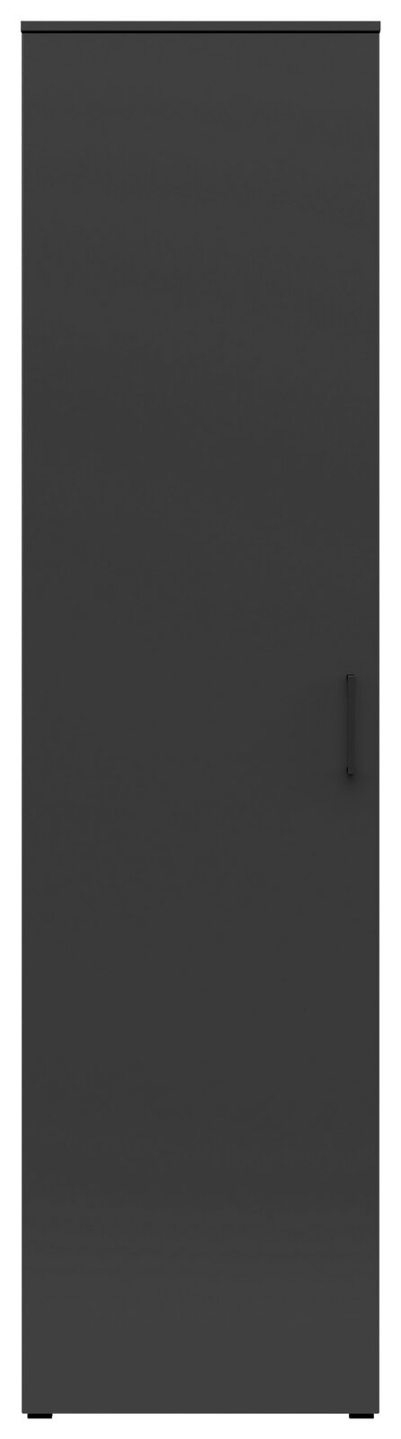 Frontansicht eines schwarzen Mehrzweckschranks mit einfacher Tür und Griff.