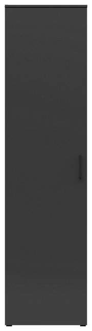 Frontansicht eines schwarzen Mehrzweckschranks mit einfacher Tür und Griff.