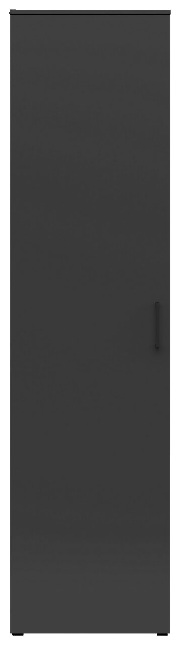 Frontansicht eines schwarzen Mehrzweckschranks mit einfacher Tür und Griff.