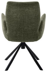 Rückansicht eines Sessels mit grünem Stoffbezug und schwarzem Metallgestell.