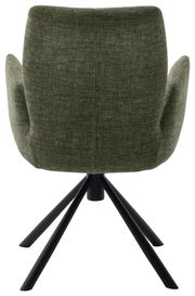 Rückansicht eines Sessels mit grünem Stoffbezug und schwarzem Metallgestell.