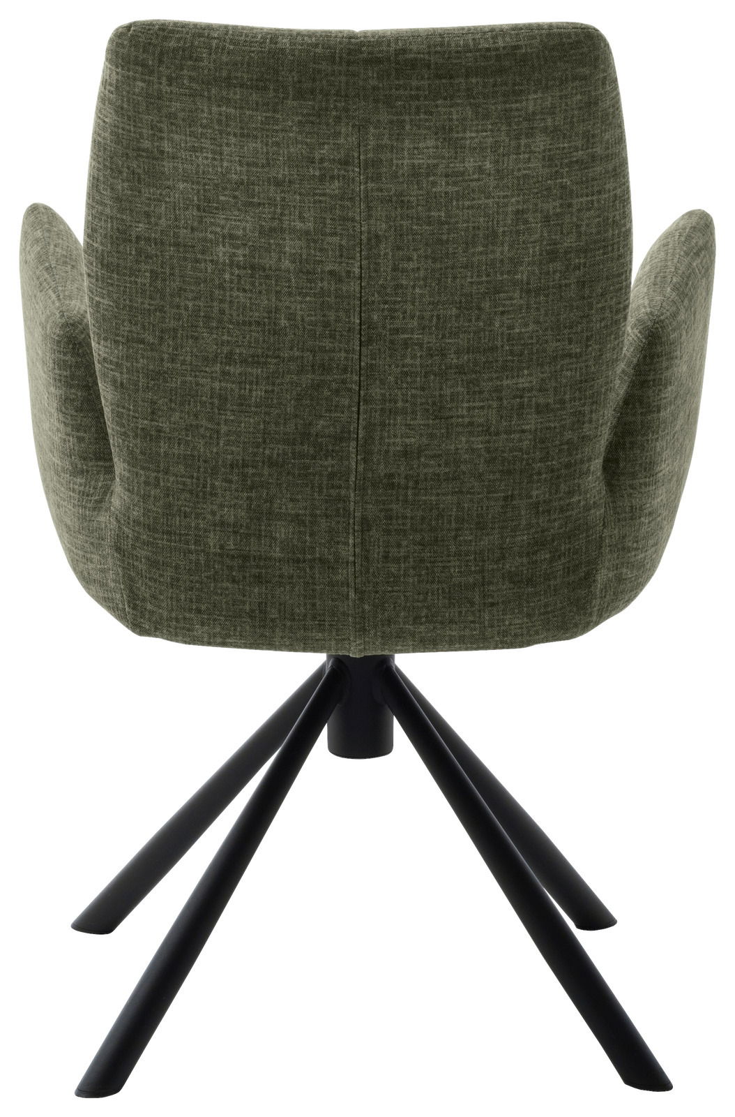 Rückansicht eines Sessels mit grünem Stoffbezug und schwarzem Metallgestell.