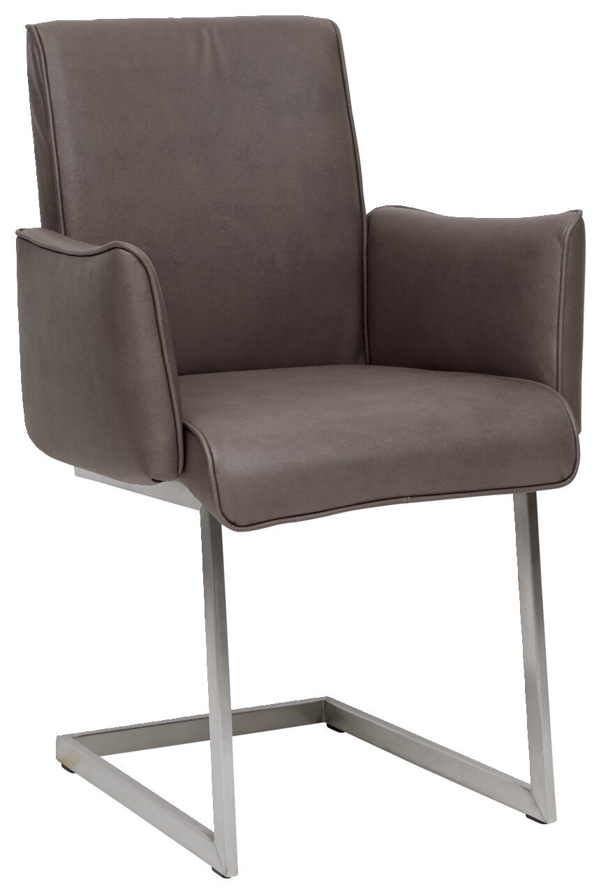 Freischwinger-Sessel in braunem Stoff mit Metallgestell, seitliche Perspektive