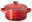 Rote Mini-Cocotte von Le Creuset mit herzförmigem goldenen Knauf, seitliche Perspektive