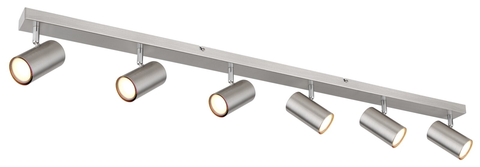 Moderne plafondlamp met vijf verstelbare spotjes van geborsteld metaal, zijaanzicht.