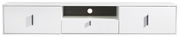 Weißes TV-Hängeboard mit zwei Türen und einer Schublade, frontale Ansicht