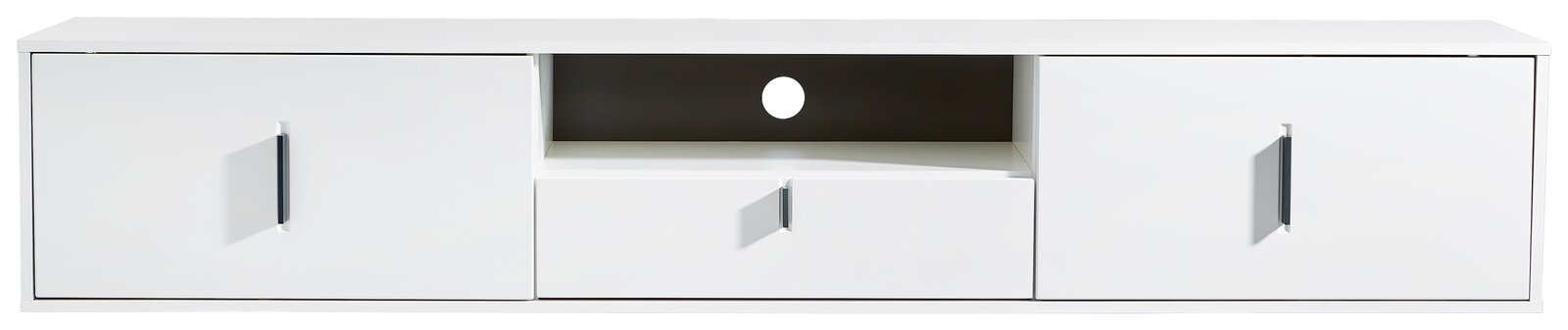 Weißes TV-Hängeboard mit zwei Türen und einer Schublade, frontale Ansicht