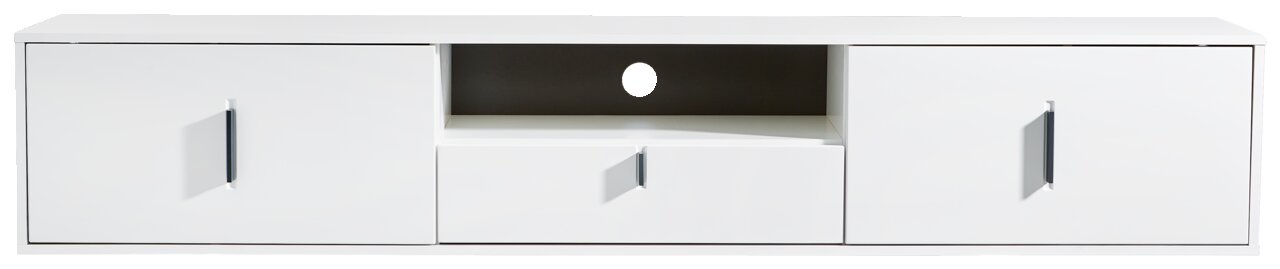 Weißes TV-Hängeboard mit zwei Türen und einer Schublade, frontale Ansicht