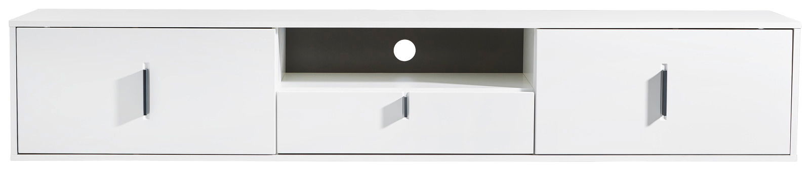 Weißes TV-Hängeboard mit zwei Türen und einer Schublade, frontale Ansicht