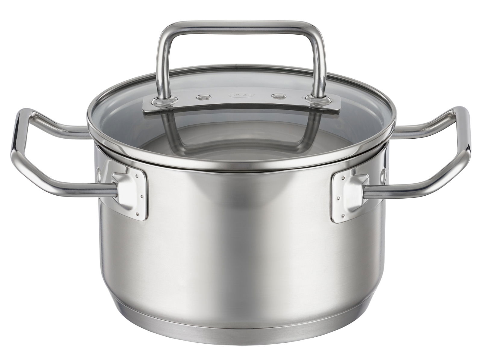 Edelstahlkochtopf mit Glasdeckel und zwei Griffen, seitliche Perspektive