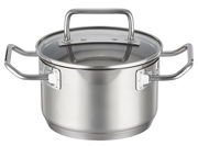 Edelstahlkochtopf mit Glasdeckel und zwei Griffen, seitliche Perspektive