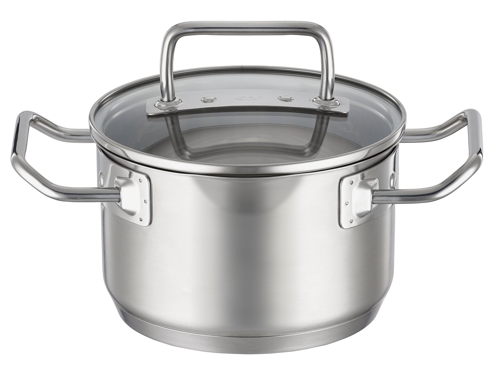 Edelstahlkochtopf mit Glasdeckel und zwei Griffen, seitliche Perspektive