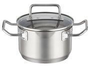 Edelstahlkochtopf mit Glasdeckel und zwei Griffen, seitliche Perspektive