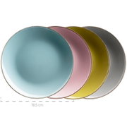Vier runde Dessert-/Kuchenteller aus Keramik/Porzellan in Pastellfarben (hellblau, rosa, gelbgrün, grau) mit schmalem goldfarbenem Rand, von oben in leicht schräger Draufsicht gestapelt dargestellt; Durchmesser ca. 19,5 cm.