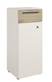 Moderner Aktenschrank mit Holzoptik-Schublade und Schloss, seitliche Perspektive