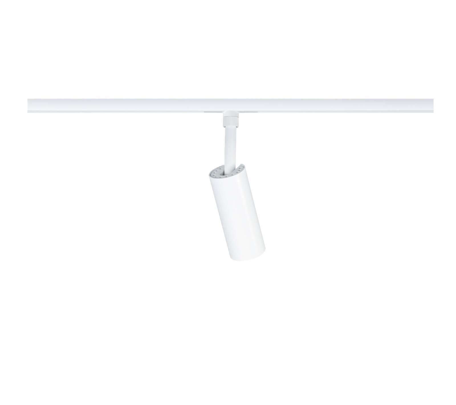 Weiße zylindrische LED-Schienenleuchte/Spot an Stromschiene, schräg nach unten gerichtet, Detailansicht aus leicht seitlicher Perspektive vor weißem Hintergrund