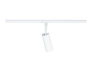 Weiße zylindrische LED-Schienenleuchte/Spot an Stromschiene, schräg nach unten gerichtet, Detailansicht aus leicht seitlicher Perspektive vor weißem Hintergrund