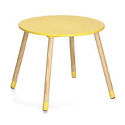 Runder gelber Kindertisch mit Holzbeinen, seitliche Perspektive