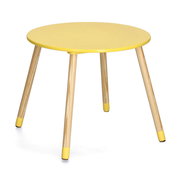 Runder gelber Kindertisch mit Holzbeinen, seitliche Perspektive