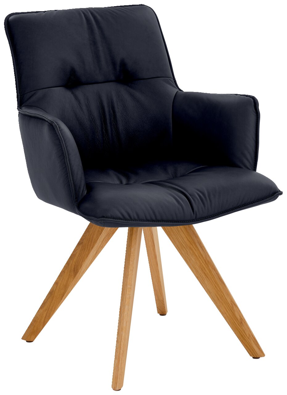 Moderner Design-Schalensessel mit schwarzem Polster und Holzbeinen, seitliche Perspektive