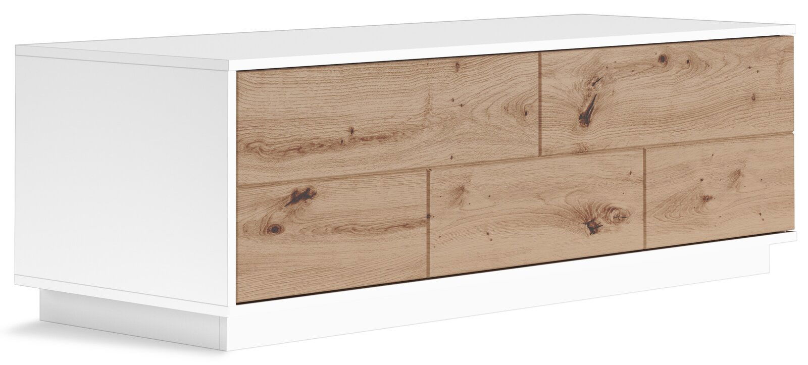 TV-Lowboard in Weiß mit Holzfronten, seitliche Perspektive