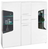 Weiße Highboard-Vitrine mit Glaseinsätzen und dekorativen Elementen, Frontalansicht