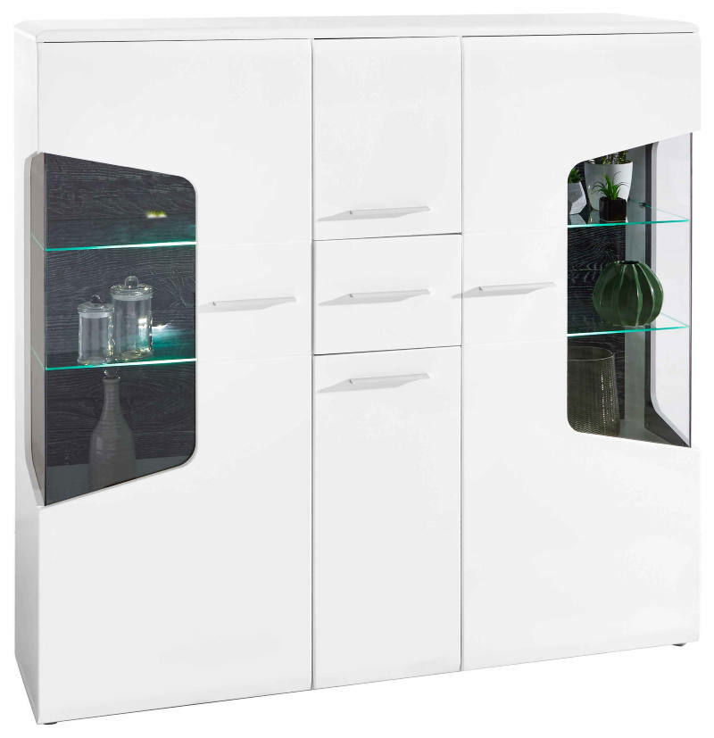 Weiße Highboard-Vitrine mit Glaseinsätzen und dekorativen Elementen, Frontalansicht