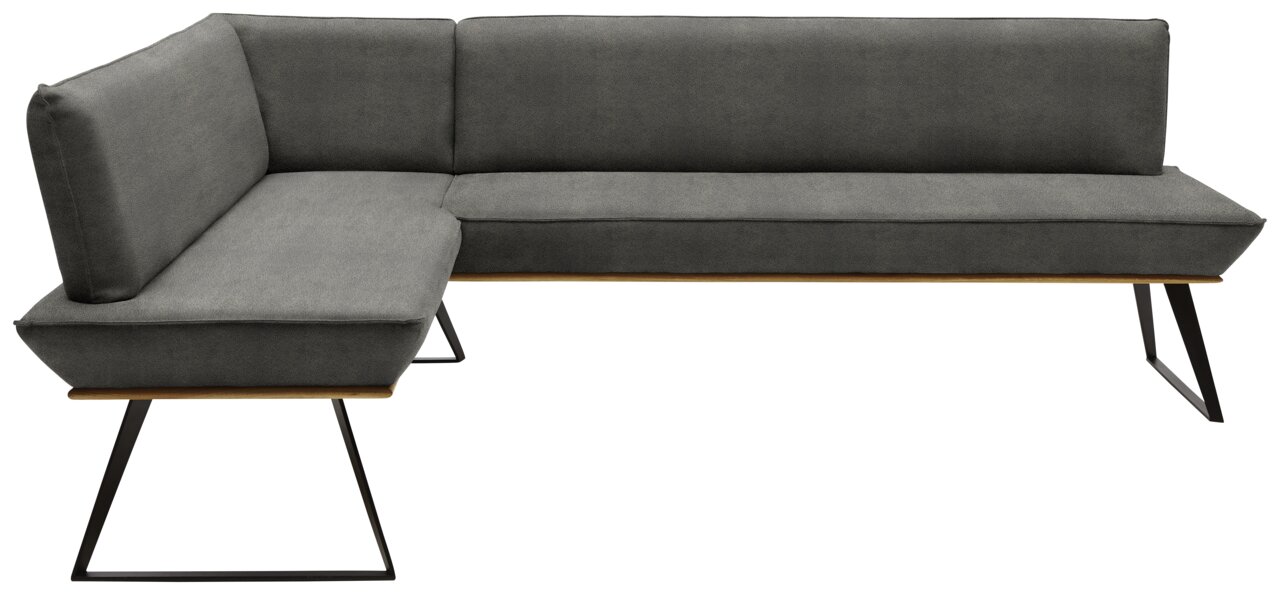Graue Eckbank mit modernem Design, Metallbeinen und Polsterung, seitliche Perspektive
